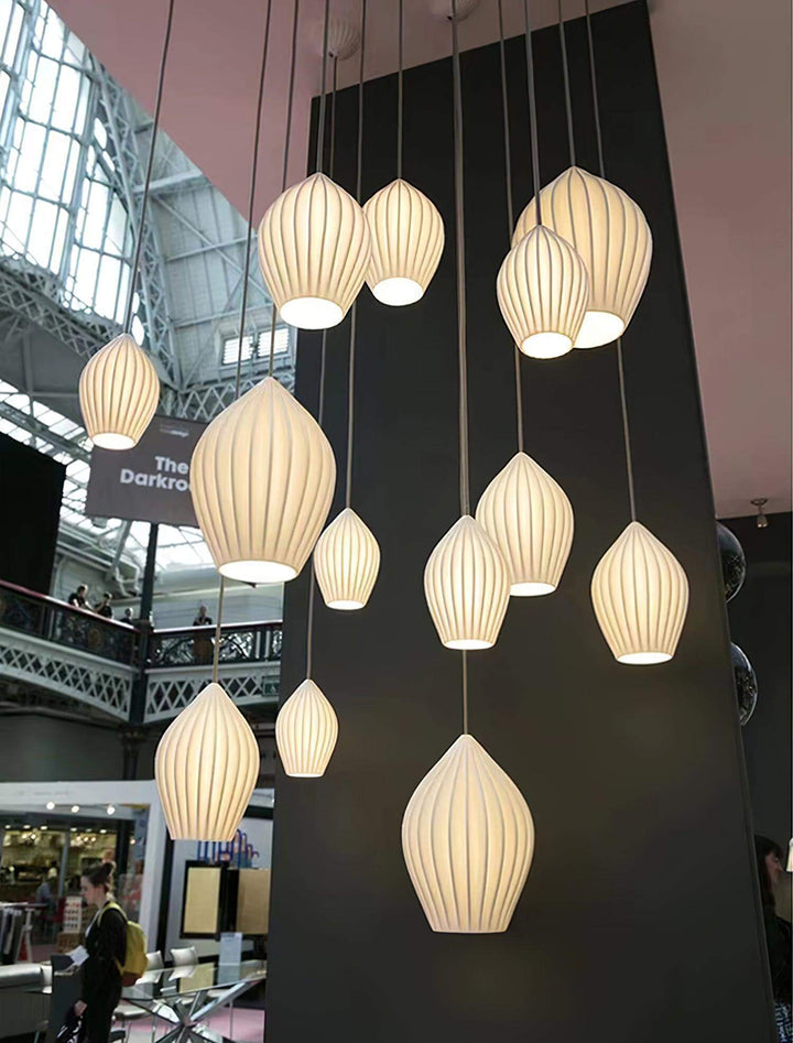 Pendant Light Ribbed Ceramic 5.1 in White Dining Room Hanging Ceiling Fixture E14 Modern Minimalist Kitchen Island Lighting | Kalsten