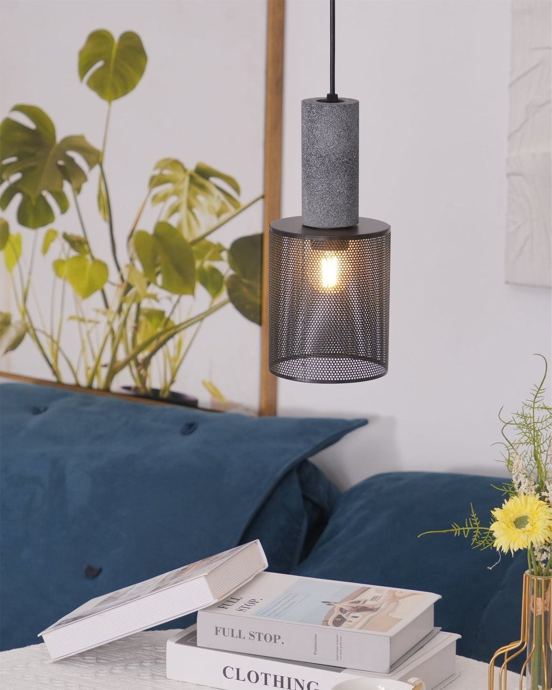 Pendant Light Cement Metal 9.8 in Adjustable Indoor Ceiling Lamp Black Grey Dining Kitchen Bedroom Accent | Kalsten