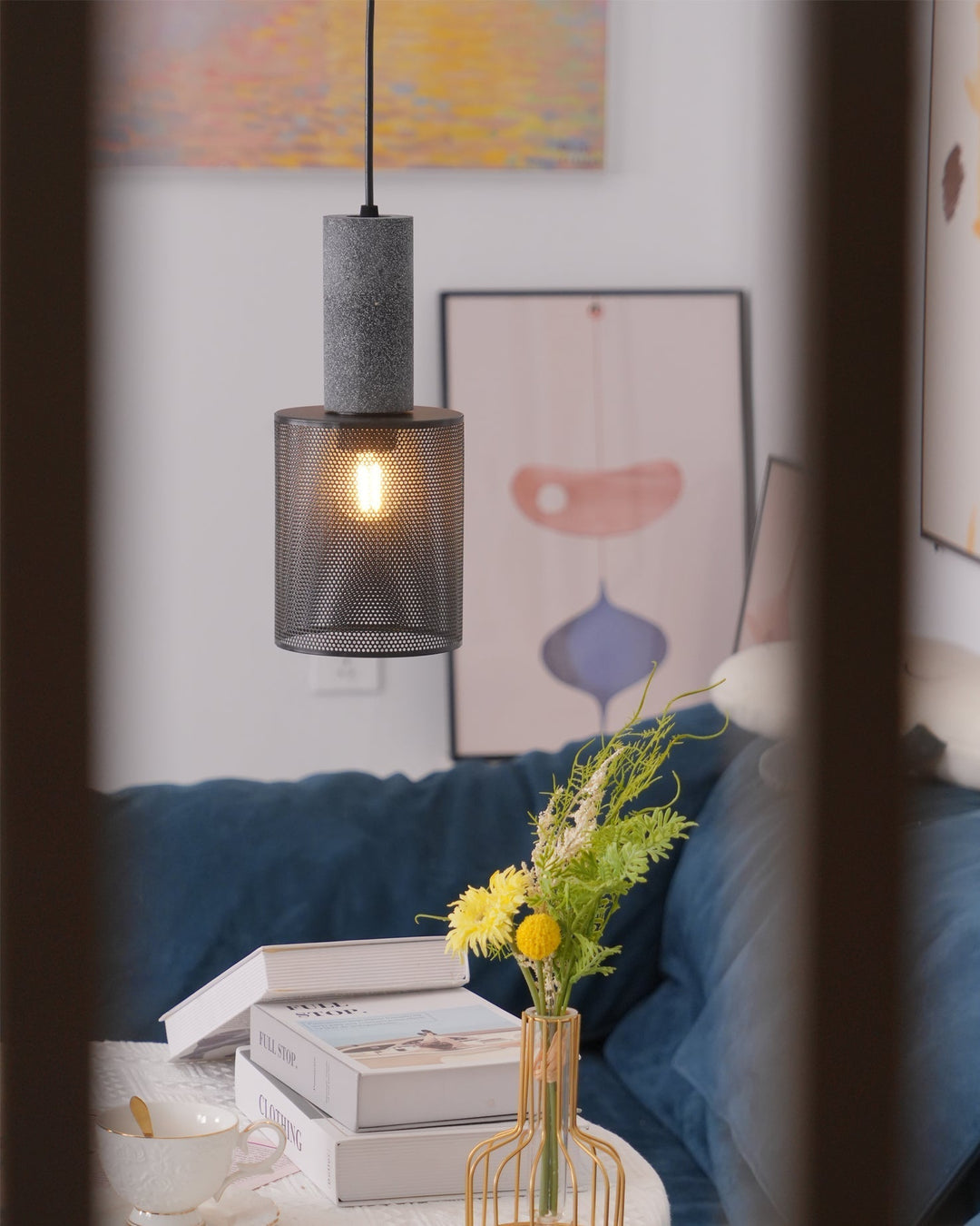 Pendant Light Cement Metal 9.8 in Adjustable Indoor Ceiling Lamp Black Grey Dining Kitchen Bedroom Accent | Kalsten