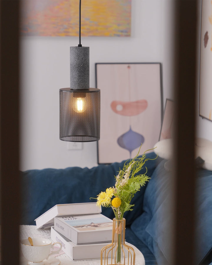 Pendant Light Cement Metal 9.8 in Adjustable Indoor Ceiling Lamp Black Grey Dining Kitchen Bedroom Accent | Kalsten