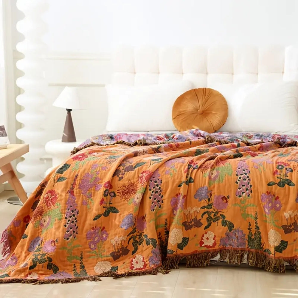 Cotton Tassel Blanket, Floral Jacquard Design, Lightweight, Reversible