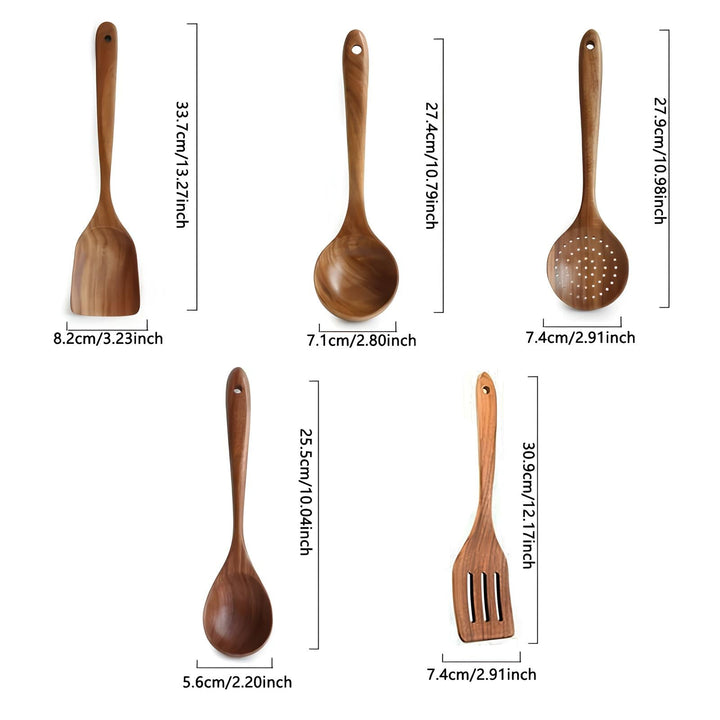 Luxury 5-Piece Kitchen Utensil Set Made of Natural Teak Wood – Heat Resistant and Scratch Free | Kalsten