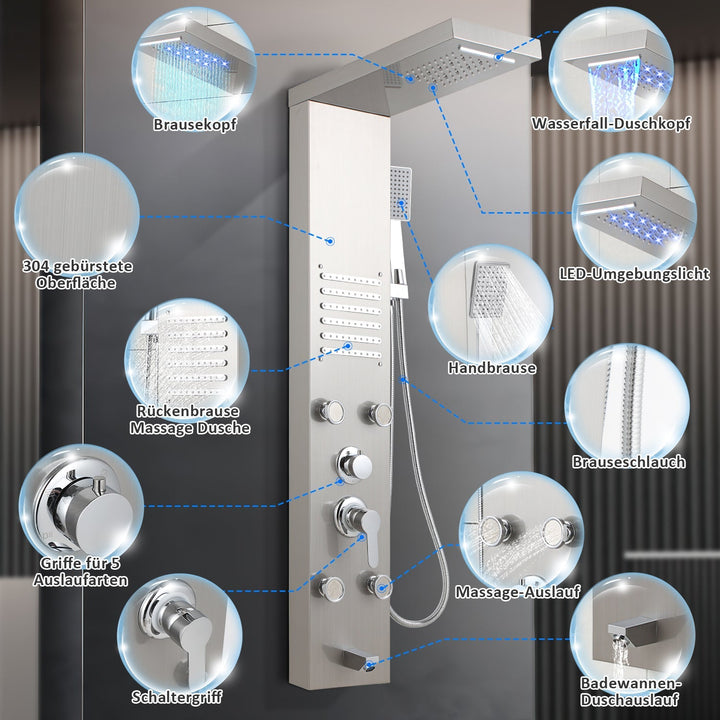 Shower panel stainless steel wall shower panel 5 functions silver | Kalsten