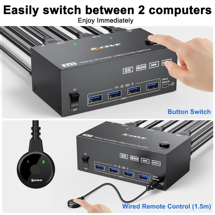 Kalsten | KC-KVM203DH 8K 30Hz USB3.0 DP+DP+HDMI Triple Monitors KVM Switch, AU Plug