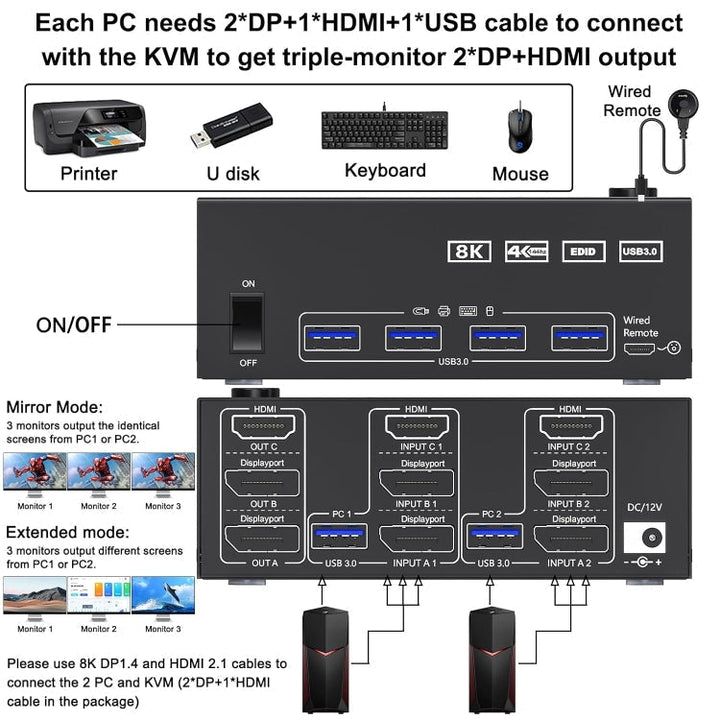 Kalsten | KC-KVM203DH 8K 30Hz USB3.0 DP+DP+HDMI Triple Monitors KVM Switch, AU Plug