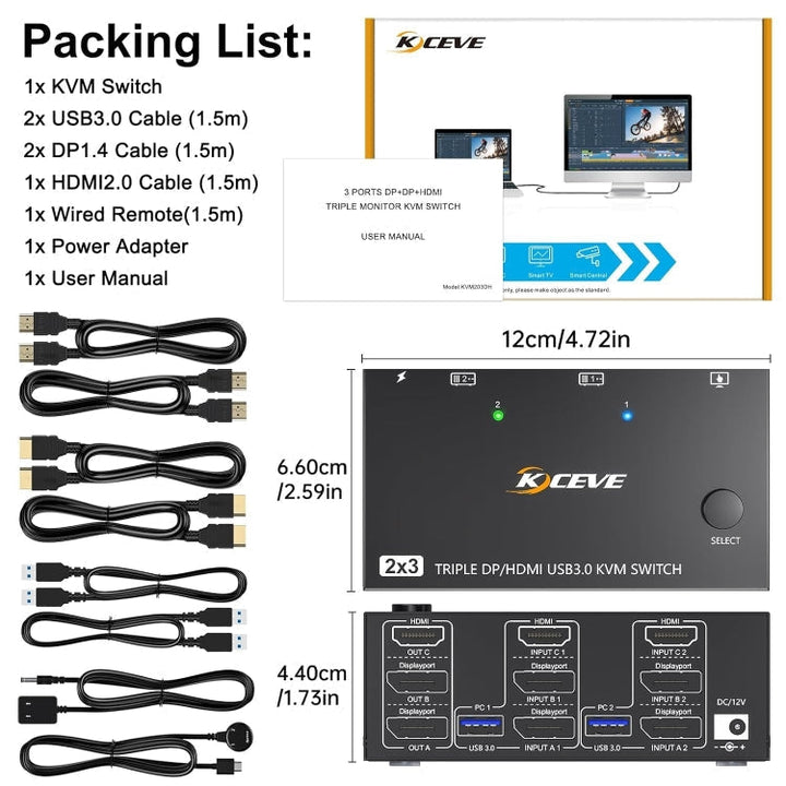 Kalsten | KC-KVM203DH 8K 30Hz USB3.0 DP+DP+HDMI Triple Monitors KVM Switch, AU Plug