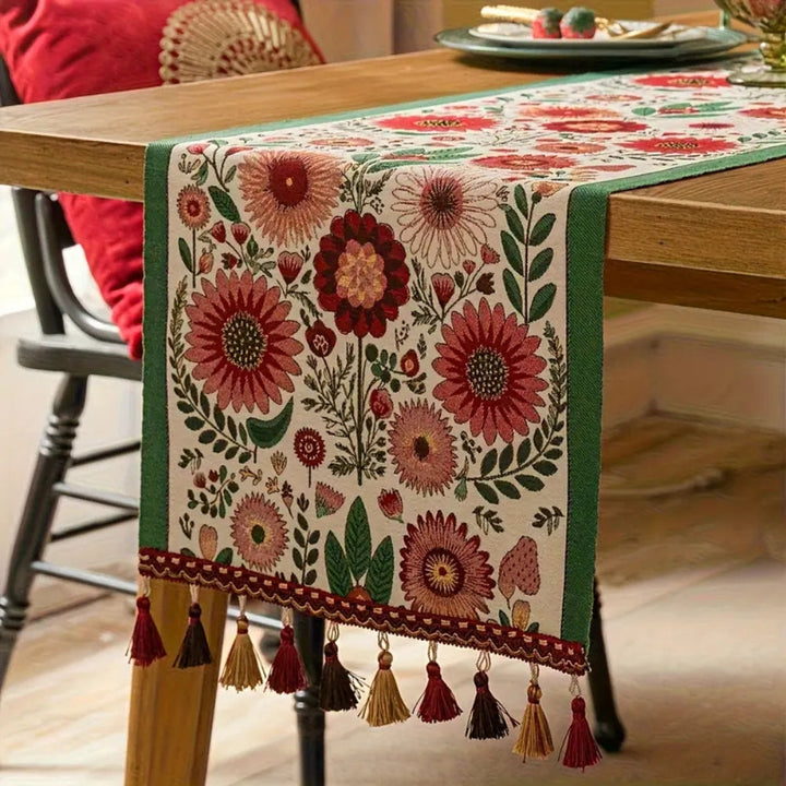 Kalsten | Embroidered Floral Tassel Table Runner