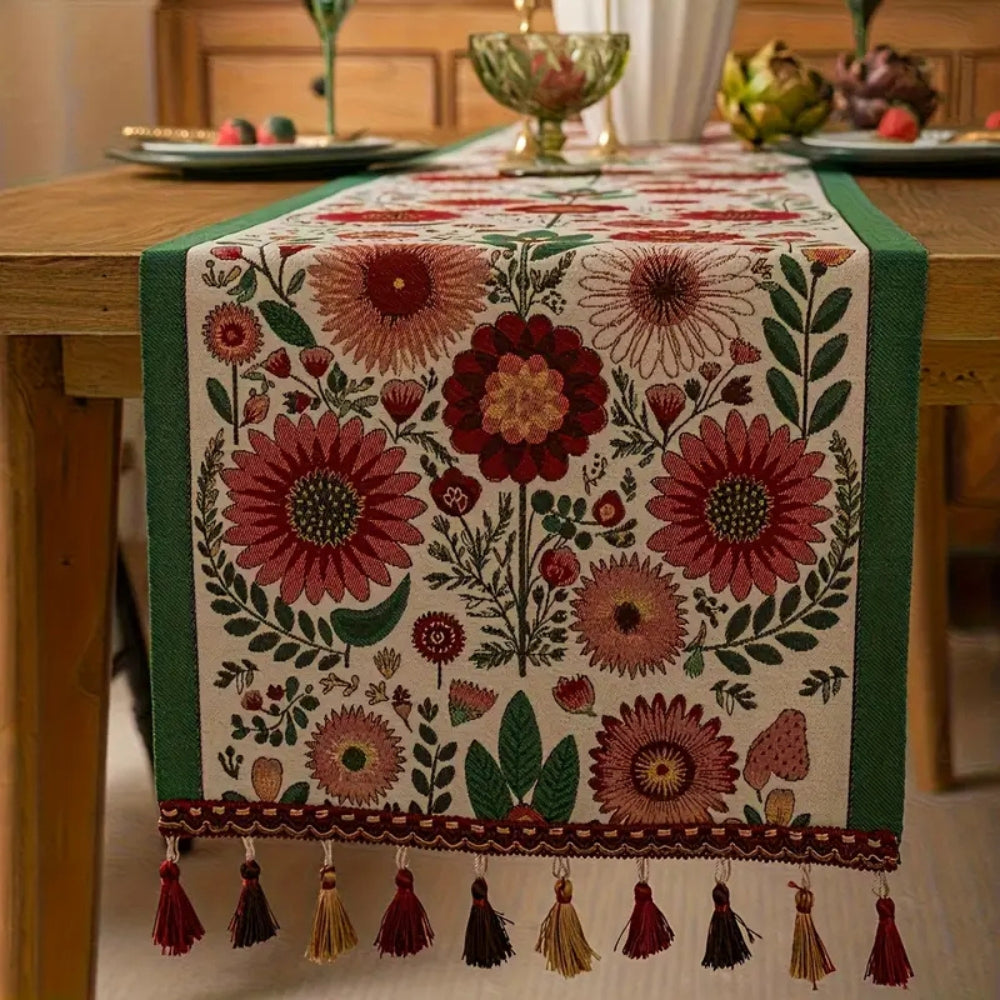 Kalsten | Embroidered Floral Tassel Table Runner