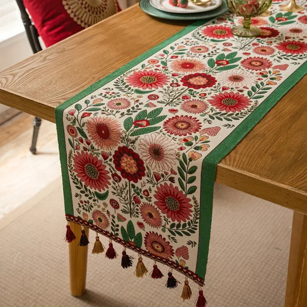 Kalsten | Embroidered Floral Tassel Table Runner