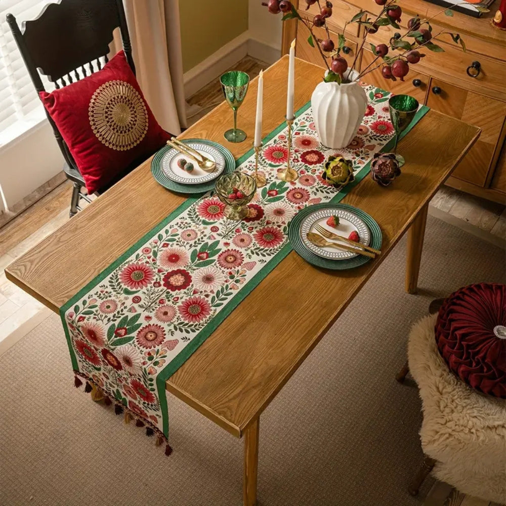 Kalsten | Embroidered Floral Tassel Table Runner