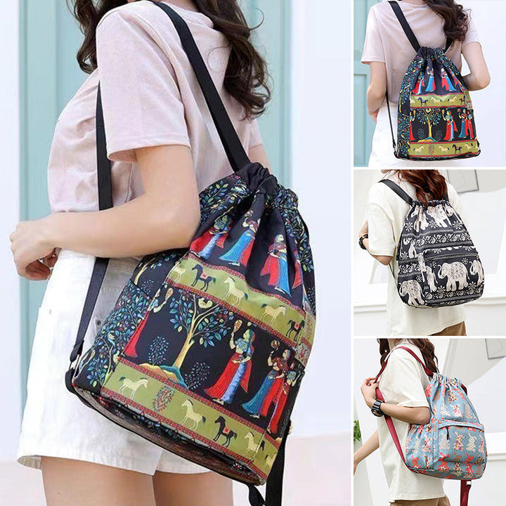 Drawstring shoulder bag in ethnic style | Kalsten