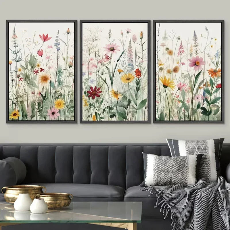 Set of 3 Wildflower Wall Art Fine Art Canvas Prints Minimalist Botanical Prints Posters Pictures for Living Room Decor | Skanto