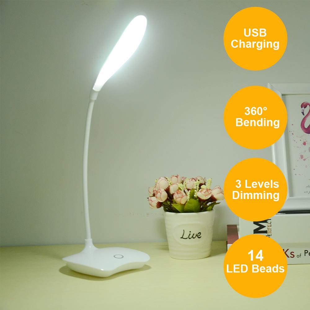 Flexible 14 LED Stand Desk Lamp Modern Touch Switch 3 Modes Dimmer USB Rechargeable Reading Study Light Table Lamp for Bedroom | Kalsten