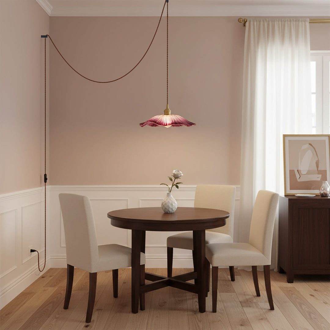 Pendant Light Glass Flower Shade 11 in x 5.1 in Pink Clear Green Dining Room Kitchen Island Hanging Ceiling Lamp | Kalsten
