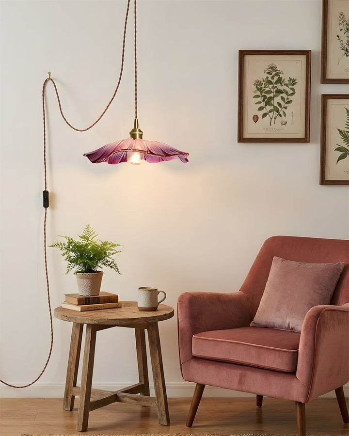 Pendant Light Glass Flower Shade 11 in x 5.1 in Pink Clear Green Dining Room Kitchen Island Hanging Ceiling Lamp | Kalsten