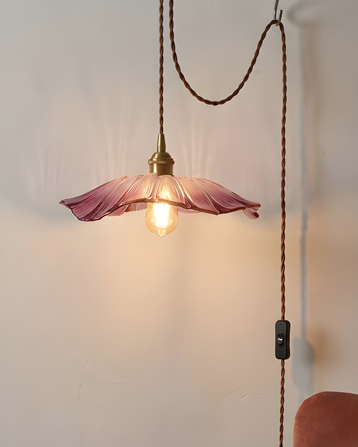 Pendant Light Glass Flower Shade 11 in x 5.1 in Pink Clear Green Dining Room Kitchen Island Hanging Ceiling Lamp | Kalsten