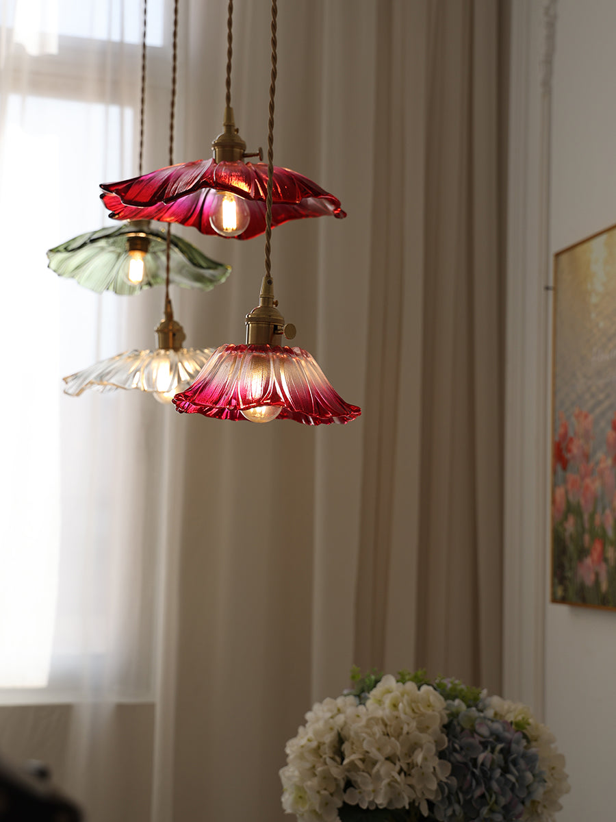 Pendant Light Glass Flower Shade 11 in x 5.1 in Pink Clear Green Dining Room Kitchen Island Hanging Ceiling Lamp | Kalsten