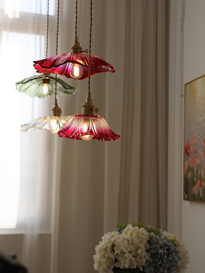 Pendant Light Glass Flower Shade 11 in x 5.1 in Pink Clear Green Dining Room Kitchen Island Hanging Ceiling Lamp | Kalsten