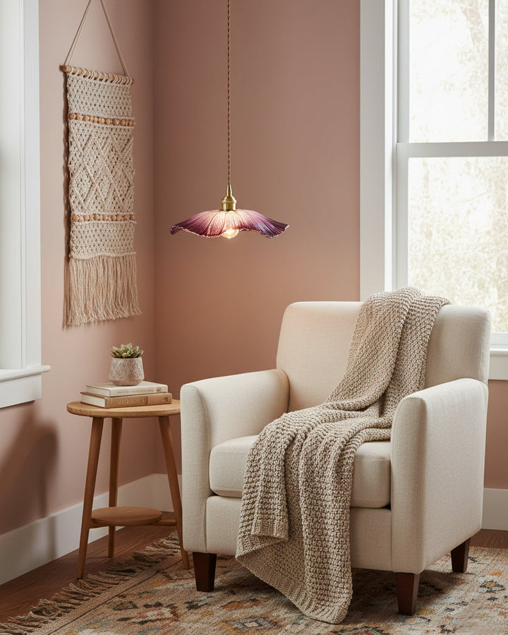 Pendant Light Glass Flower Shade 11 in x 5.1 in Pink Clear Green Dining Room Kitchen Island Hanging Ceiling Lamp | Kalsten