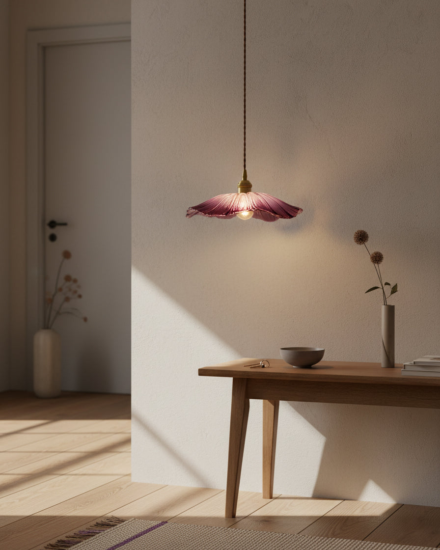 Pendant Light Glass Flower Shade 11 in x 5.1 in Pink Clear Green Dining Room Kitchen Island Hanging Ceiling Lamp | Kalsten