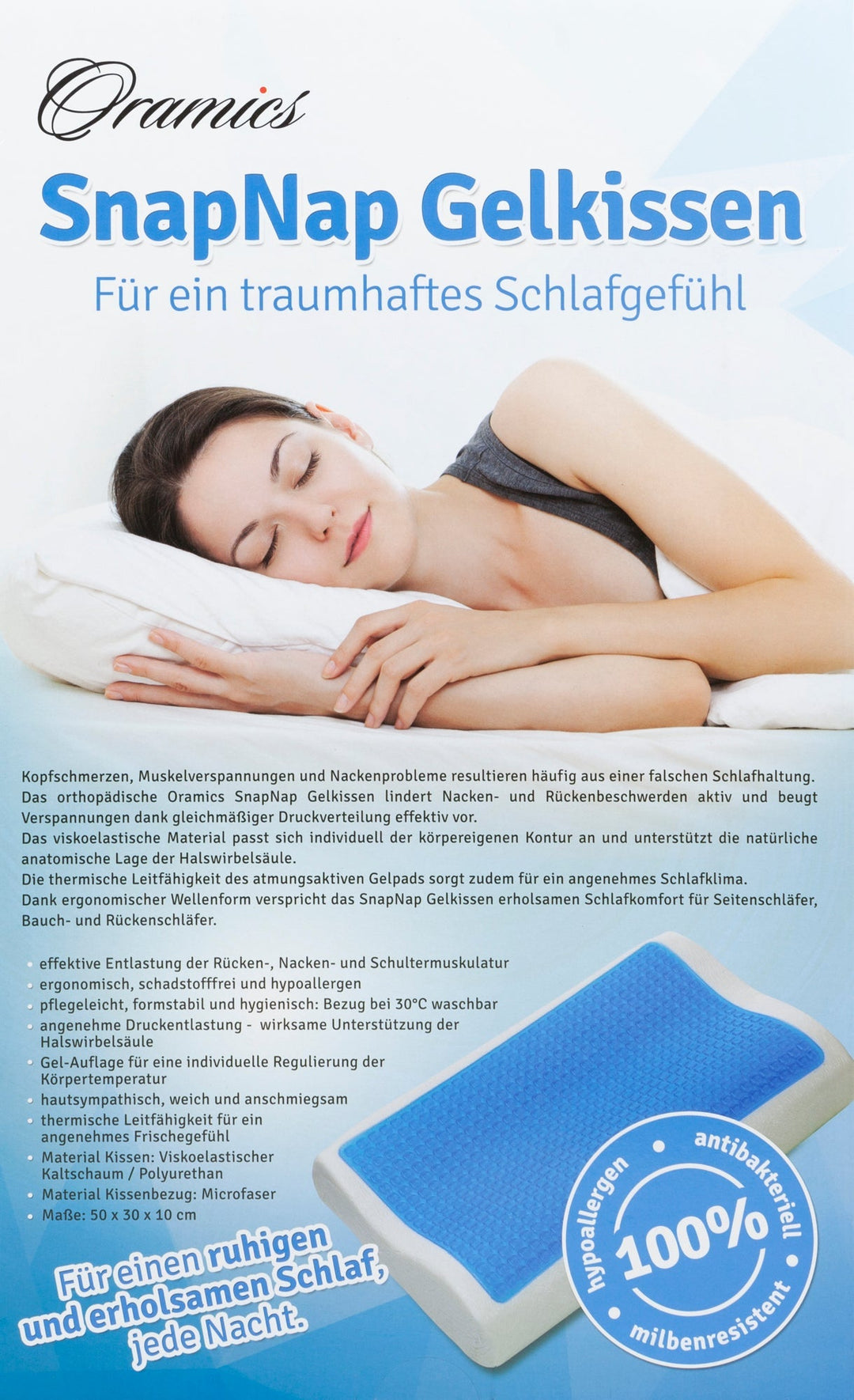 SNAPNAP Gel foam pillow with head recess + cooling gel pads, 50 x 30 cm, height 10 cm, ergonomic and hypoallergenic | Kalsten