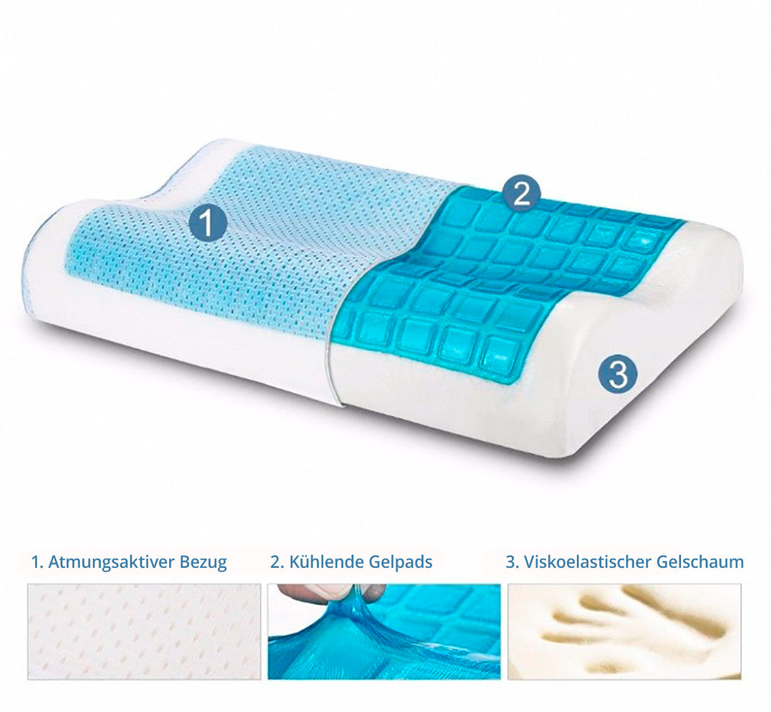 SNAPNAP Gel foam pillow with head recess + cooling gel pads, 50 x 30 cm, height 10 cm, ergonomic and hypoallergenic | Kalsten