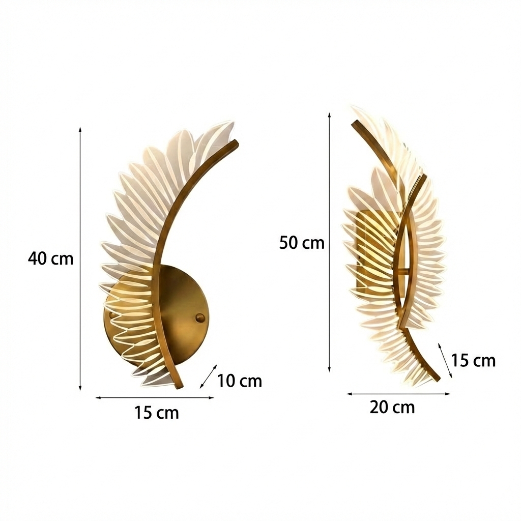 LED Wall Sconce Light – Modern Acrylic Feather Copper Leaf (40x15cm / 15.7x5.9in) | Kalsten