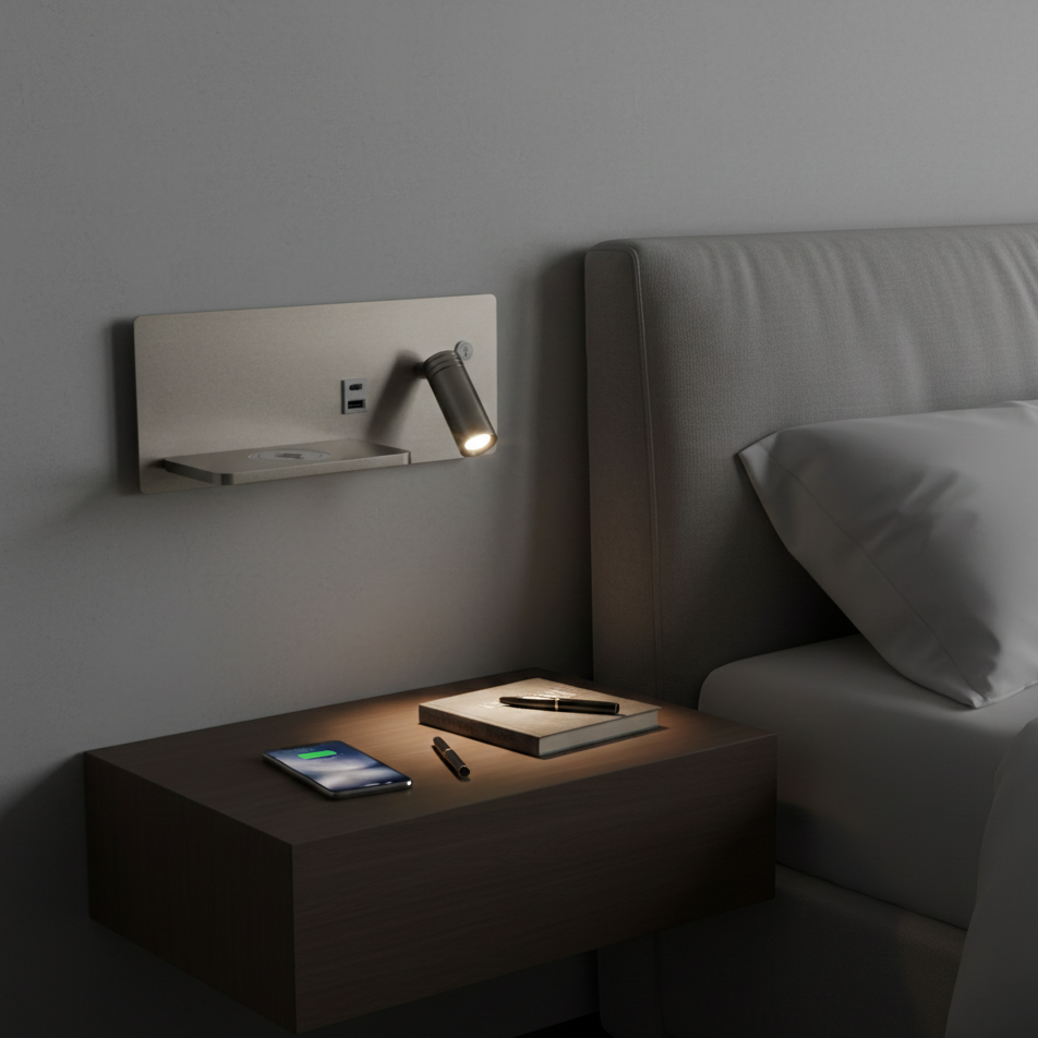 LED Wall Lamp with USB Connection and Shelf for Bedroom or Office
