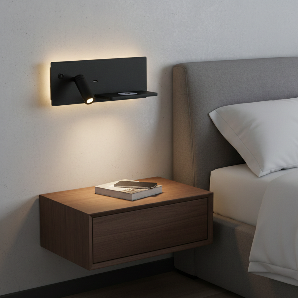 LED Wall Lamp with USB Connection and Shelf for Bedroom or Office