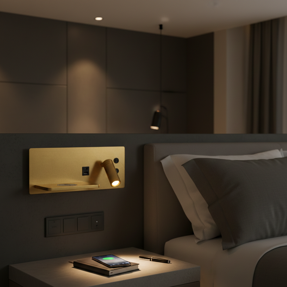 LED Wall Lamp with USB Connection and Shelf for Bedroom or Office