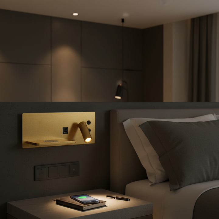 LED Wall Lamp with USB Connection and Shelf for Bedroom or Office