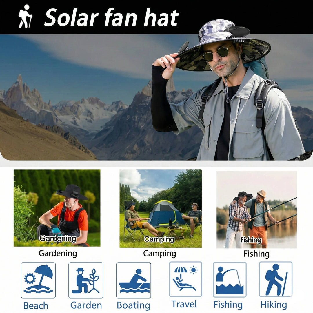 Outdoor Wide Brim Sun Hat with 2 Solar Fans, UV Protection for Men & Women, Cooling Hat for Camping & Hiking | Kalsten