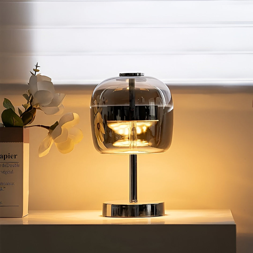 Gleam Glass Table Lamp – Smoky Grey USB-Powered Dimmable LED Light for Bedroom & Desk | Kalsten