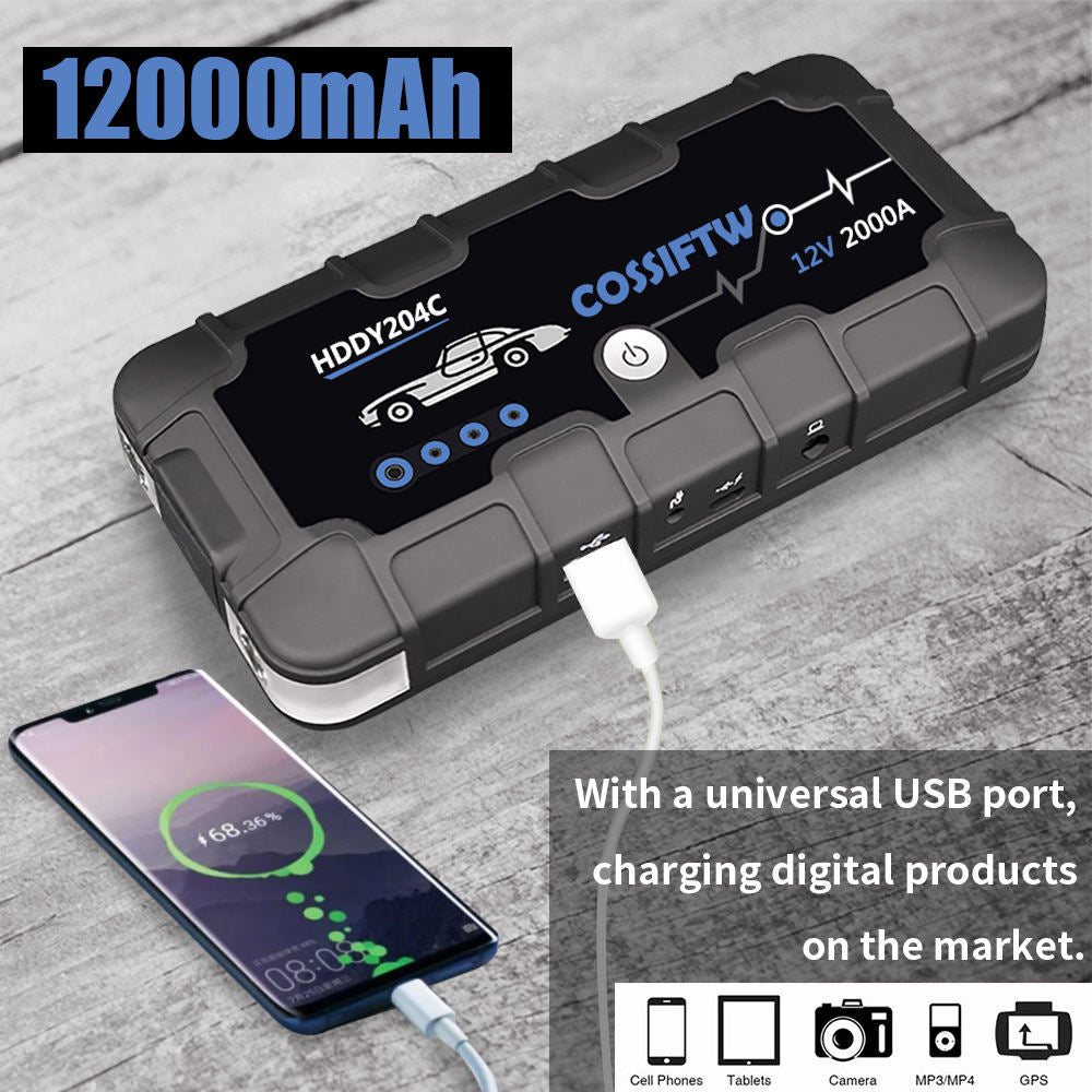 Skanto | 2000A UltraSafe 12V Jump Starter – Portable Battery Booster with USB Charger and LED Flashlight – Up to 6.0L Gas / 3.0L Diesel Engines