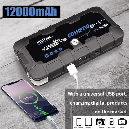 Skanto | 2000A UltraSafe 12V Jump Starter – Portable Battery Booster with USB Charger and LED Flashlight – Up to 6.0L Gas / 3.0L Diesel Engines