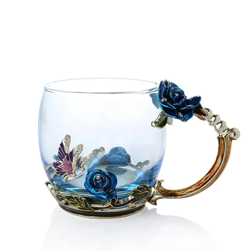 BowLift | Handcrafted Enamel Coffee Mugs Rose-Glass Tea Cup with Steel Spoon Luxury Unique Gifts for Wedding Valentine's Day Birthday Gifts