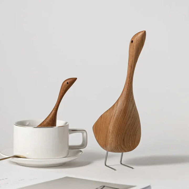 Kalsten | Nordic Wooden Goose Figures Abstract Teak Wood Sculpture Love Couple Figures Natural Animal Ornaments for Home Decoration