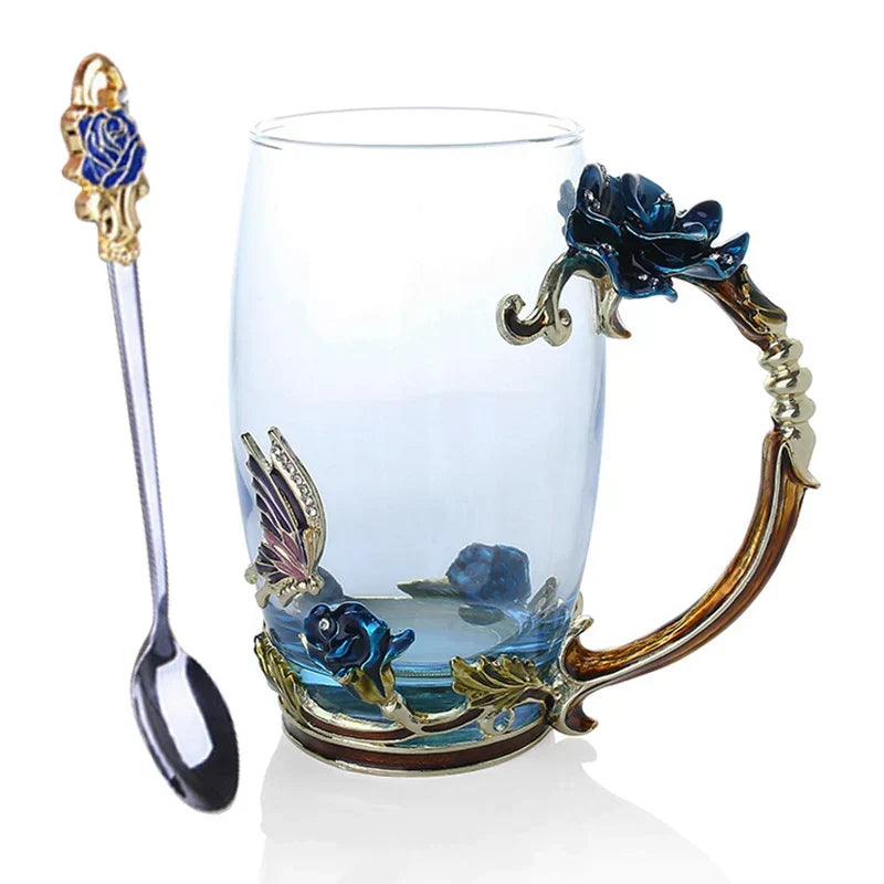 BowLift | Handcrafted Enamel Coffee Mugs Rose-Glass Tea Cup with Steel Spoon Luxury Unique Gifts for Wedding Valentine's Day Birthday Gifts