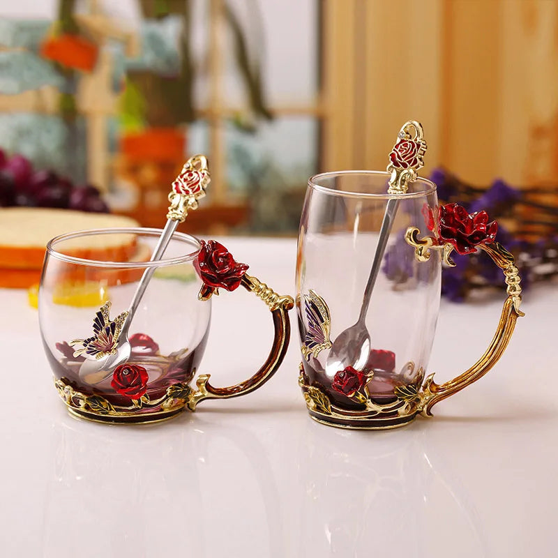 BowLift | Handcrafted Enamel Coffee Mugs Rose-Glass Tea Cup with Steel Spoon Luxury Unique Gifts for Wedding Valentine's Day Birthday Gifts