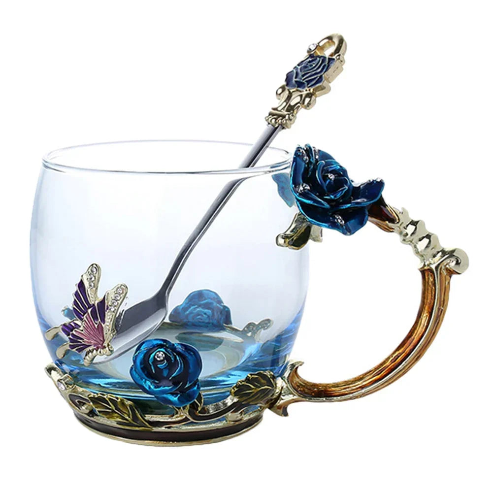 BowLift | Handcrafted Enamel Coffee Mugs Rose-Glass Tea Cup with Steel Spoon Luxury Unique Gifts for Wedding Valentine's Day Birthday Gifts