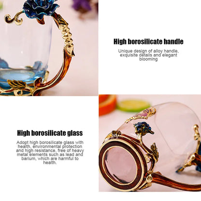 BowLift | Handcrafted Enamel Coffee Mugs Rose-Glass Tea Cup with Steel Spoon Luxury Unique Gifts for Wedding Valentine's Day Birthday Gifts