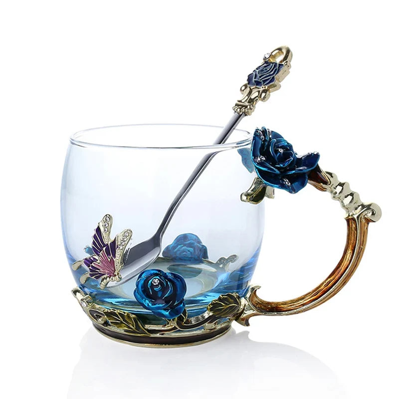 BowLift | Handcrafted Enamel Coffee Mugs Rose-Glass Tea Cup with Steel Spoon Luxury Unique Gifts for Wedding Valentine's Day Birthday Gifts