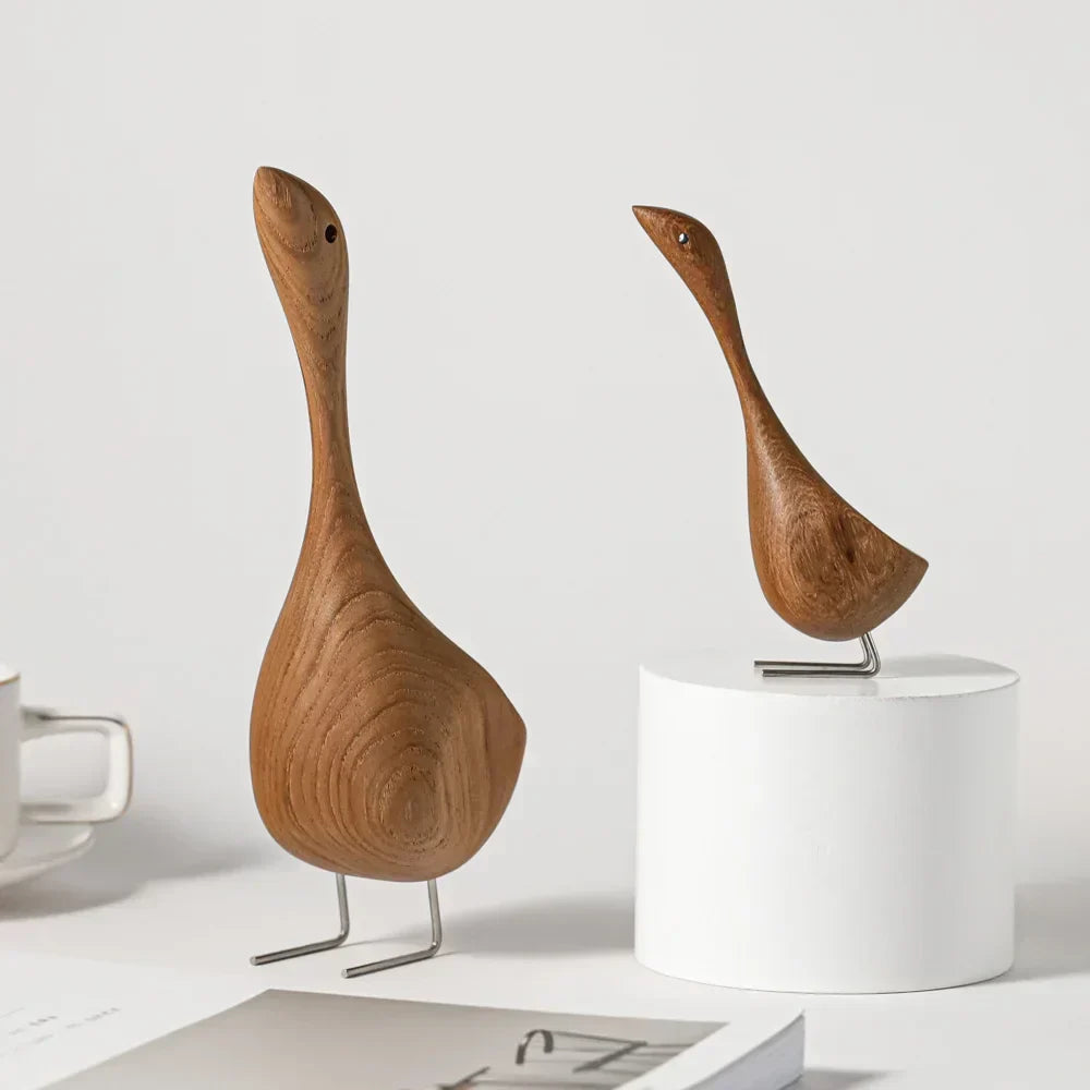 Kalsten | Nordic Wooden Goose Figures Abstract Teak Wood Sculpture Love Couple Figures Natural Animal Ornaments for Home Decoration