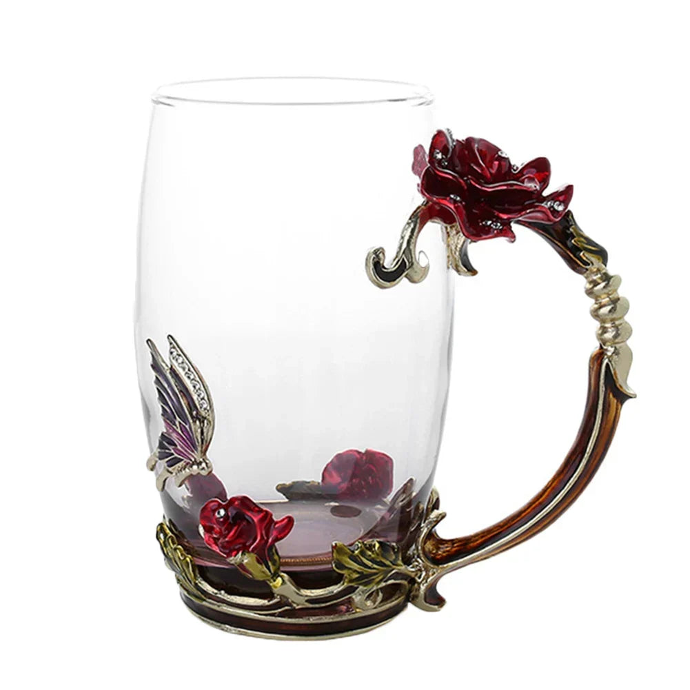 BowLift | Handcrafted Enamel Coffee Mugs Rose-Glass Tea Cup with Steel Spoon Luxury Unique Gifts for Wedding Valentine's Day Birthday Gifts