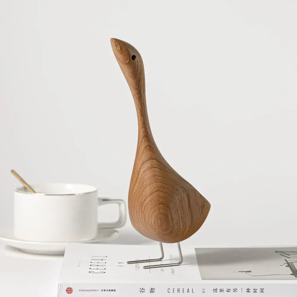 Kalsten | Nordic Wooden Goose Figures Abstract Teak Wood Sculpture Love Couple Figures Natural Animal Ornaments for Home Decoration