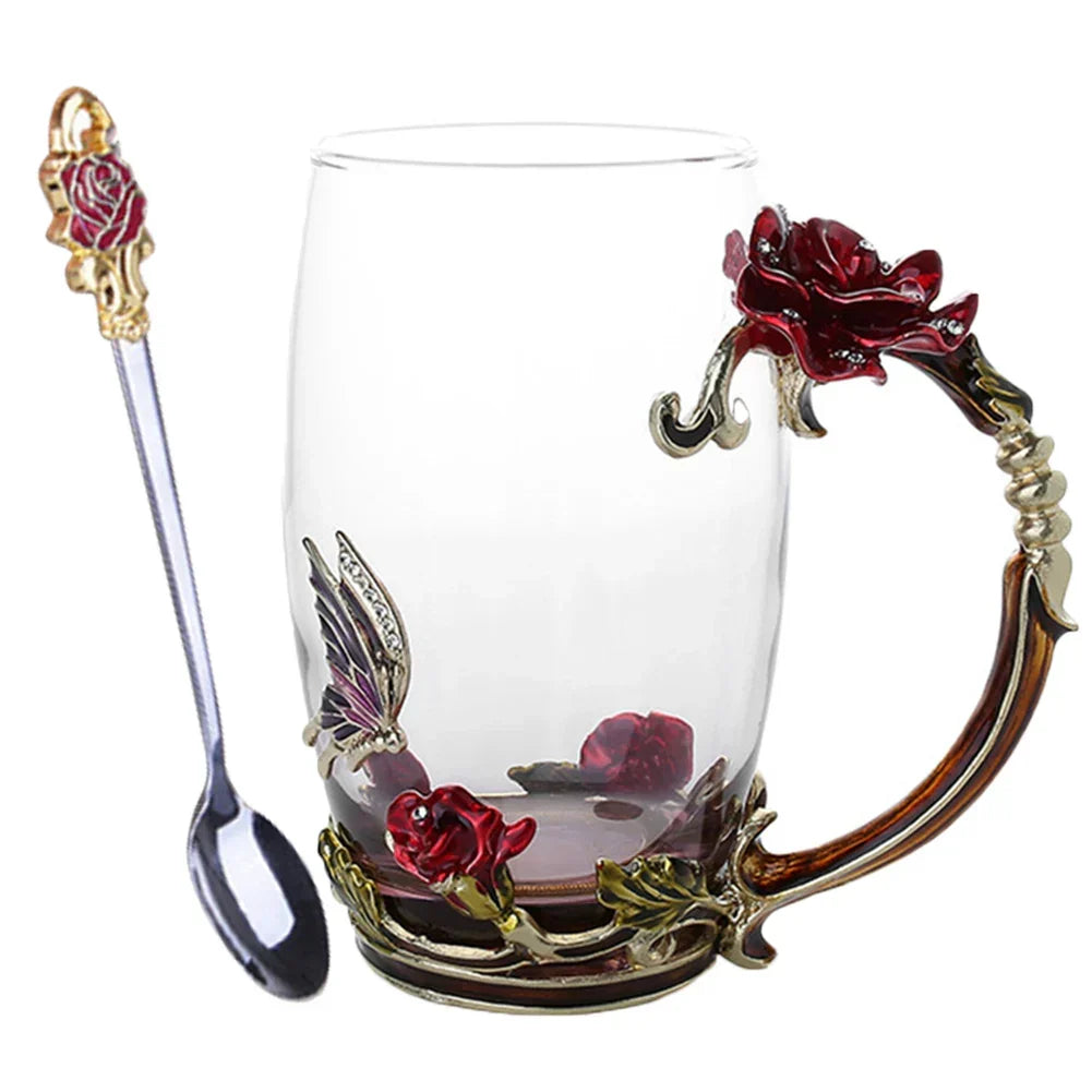 BowLift | Handcrafted Enamel Coffee Mugs Rose-Glass Tea Cup with Steel Spoon Luxury Unique Gifts for Wedding Valentine's Day Birthday Gifts