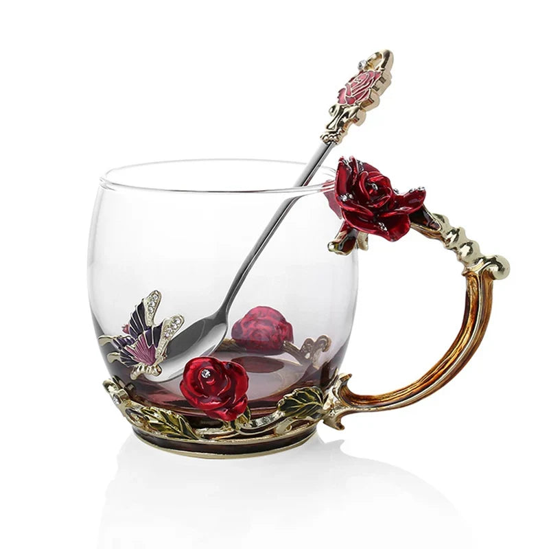 BowLift | Handcrafted Enamel Coffee Mugs Rose-Glass Tea Cup with Steel Spoon Luxury Unique Gifts for Wedding Valentine's Day Birthday Gifts
