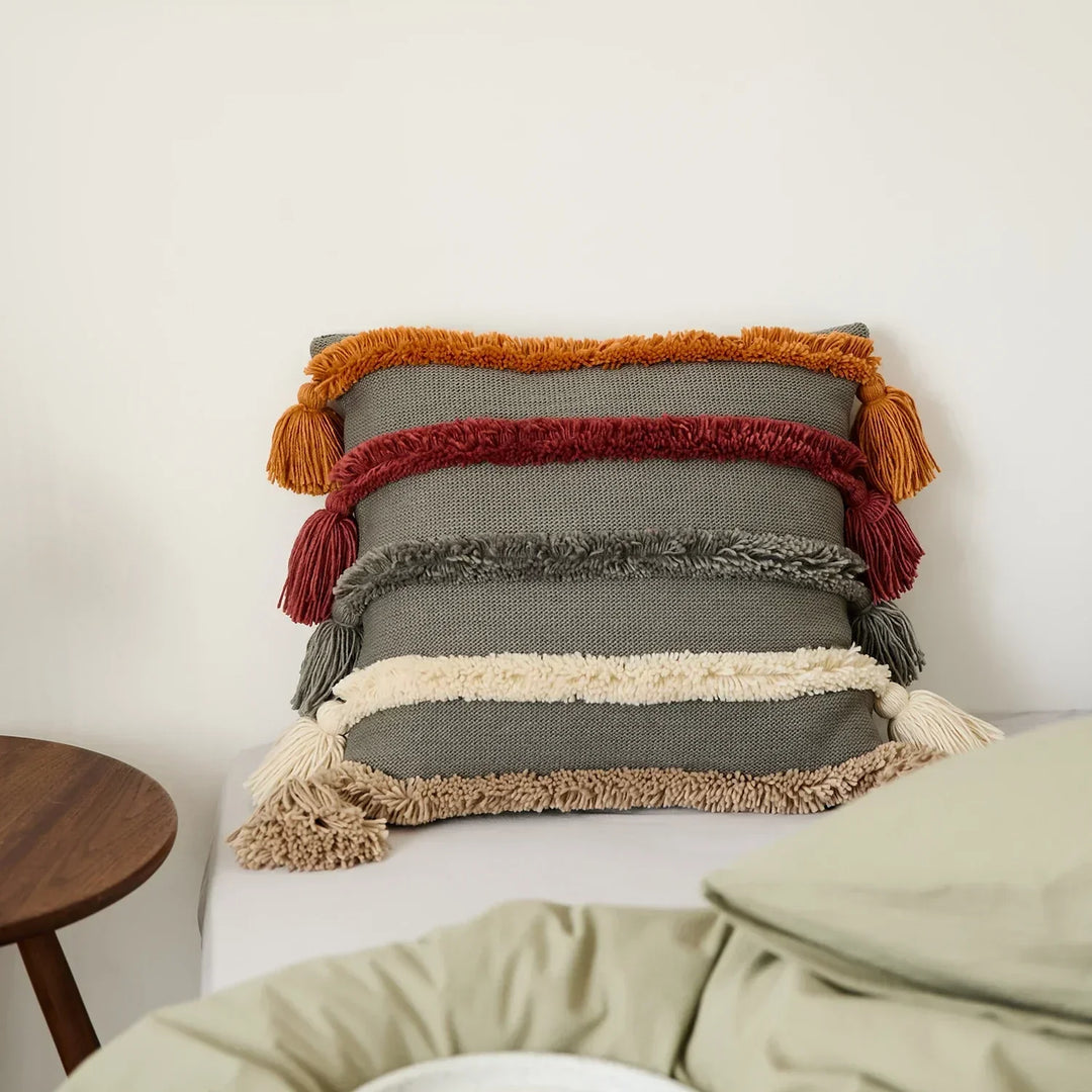 Bohemian Velour Cushion Cover - Woven Cushion Cover with Colorful Stripes and Fringes Kalsten