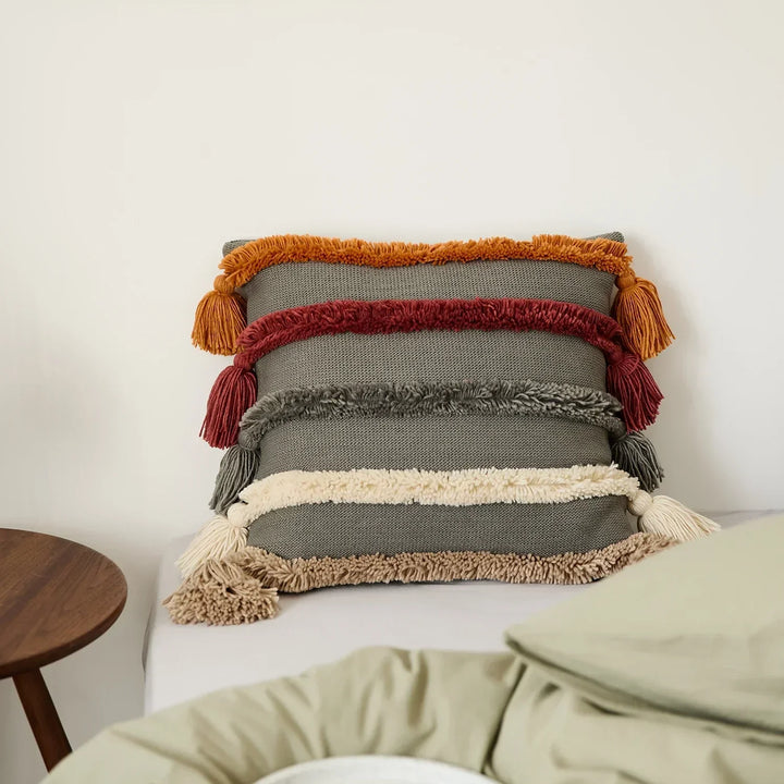 Bohemian Velour Cushion Cover - Woven Cushion Cover with Colorful Stripes and Fringes Kalsten