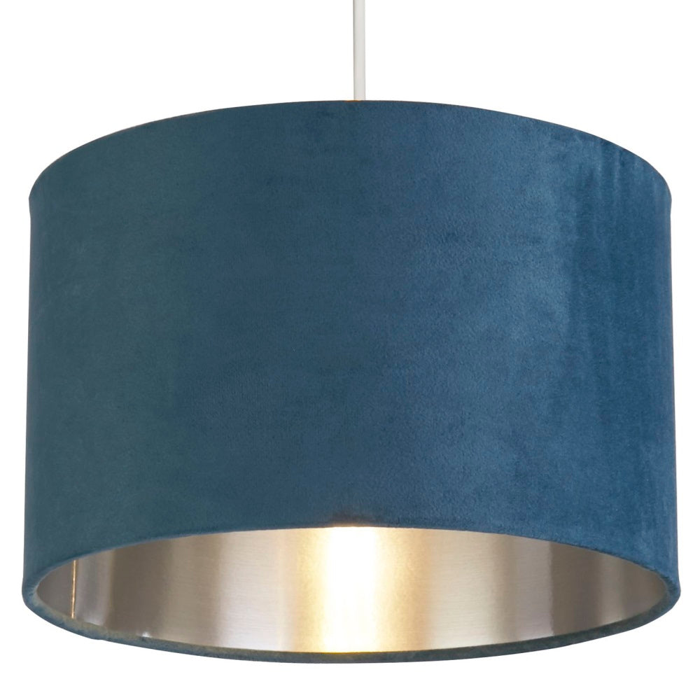 Teal Blue Velvet Vintage Easy Fit Drum Shade with Silver Interior 28cm | Kalsten